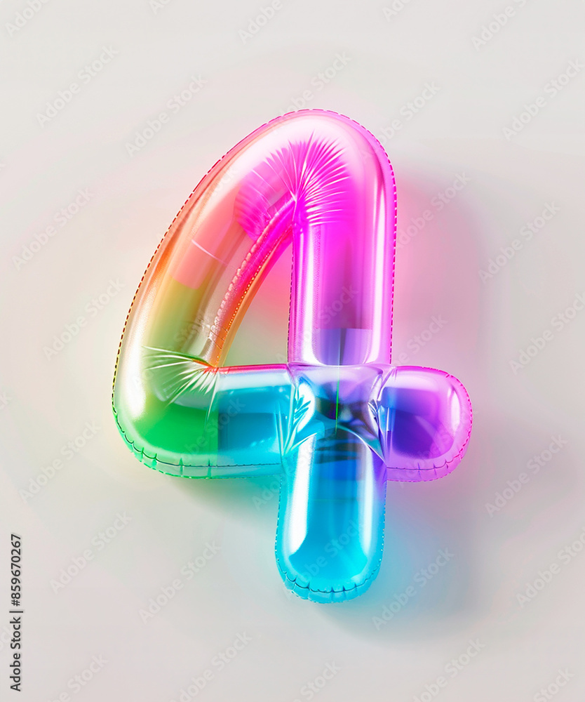 Fototapete ai generated photo with inflatable multicolored neon number 4. minimalistic balloon isolated on a wh