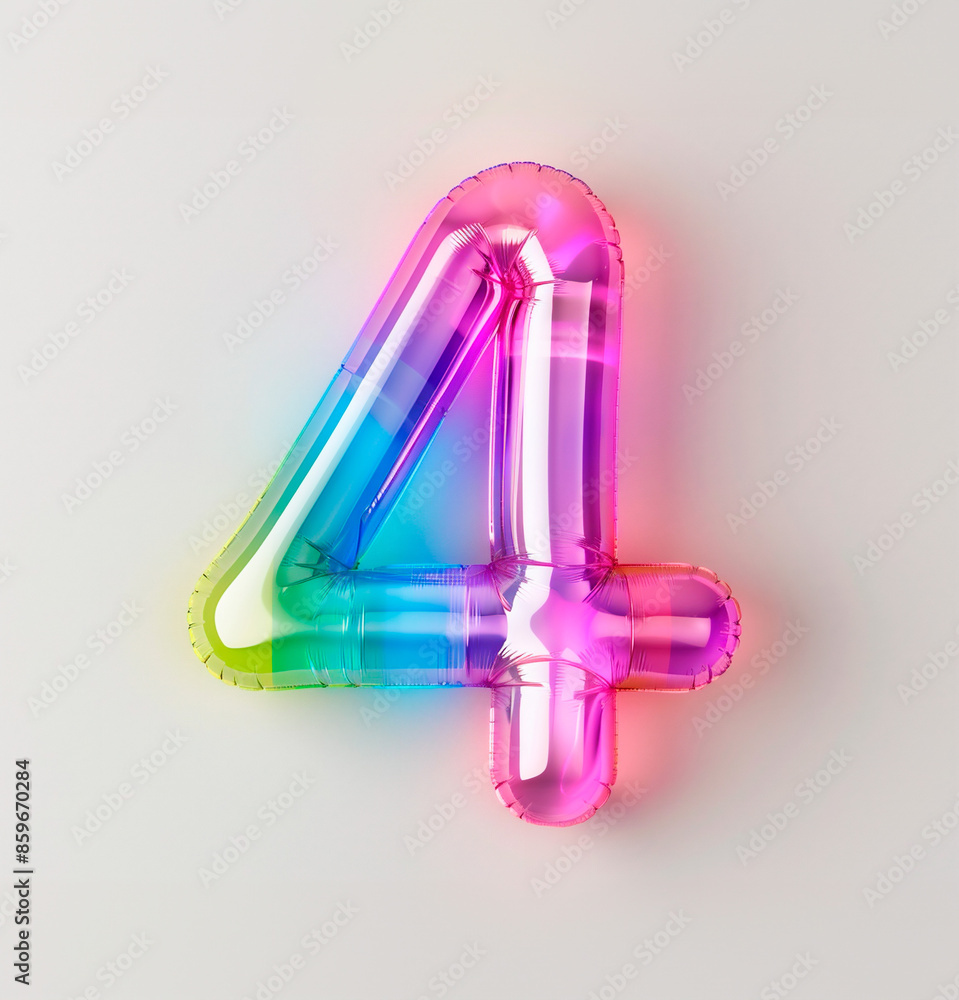 Fototapete ai generated photo with inflatable multicolored neon number 4. minimalistic balloon isolated on a wh