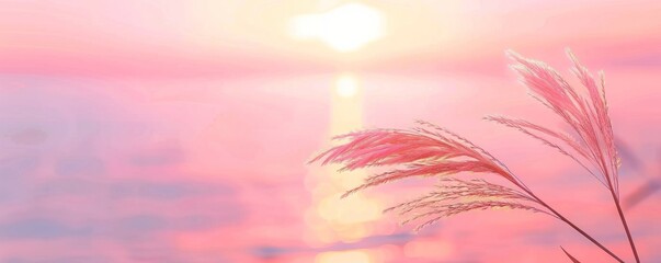 A close-up shot of a delicate grass stem near a calm sea, with a stunning sunset in the background. The soft pink and purple hues of the sky create a peaceful and serene atmosphere. 