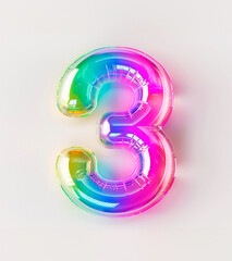 AI generated photo with inflatable multicolored neon number 3. Minimalistic balloon isolated on a white background
