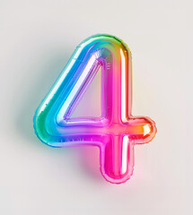 AI generated photo with inflatable multicolored neon number 4. Minimalistic balloon isolated on a white background