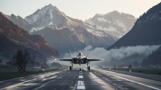 Military fighter jet, specifically an F-35, on a runway with a backdrop of snow-capped mountains and a valley with autumn foliage