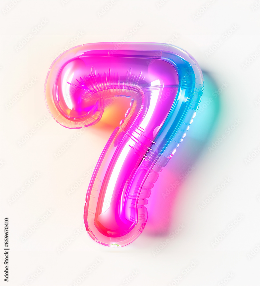 Poster ai generated photo with inflatable multicolored neon number 7. minimalistic balloon isolated on a wh