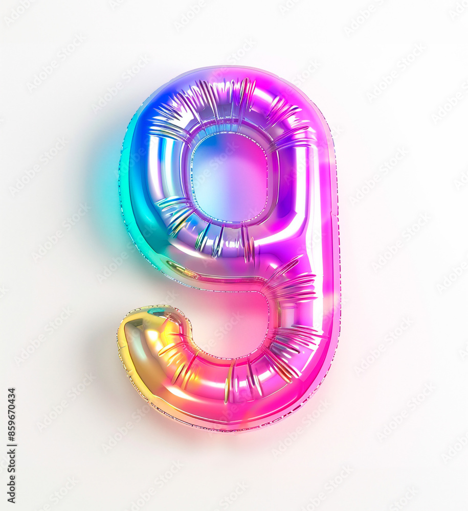 Fototapete AI generated photo with inflatable multicolored neon number 9. Minimalistic balloon isolated on a white background
