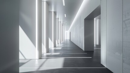 Obraz premium Modern architectural corridor with a series of evenly spaced white columns on the left, a textured wall on the right, and a series of windows at the far end