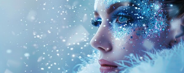 A close-up portrait of a model with creative snow fairy makeup, featuring intricate snowflake designs and shimmering blue and white colors. 