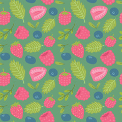 Colorful berry pattern with strawberries, raspberries, blueberries, and green leaves on a green background.