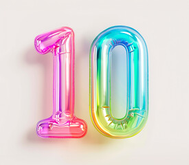 AI generated photo with inflatable multicolored neon number 10. Minimalistic balloon isolated on a white background