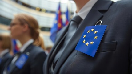 EU flags on lapel pins worn by officials at an international conference, representing their collective identity