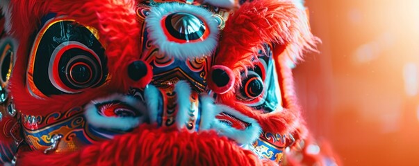 Obraz premium A vibrant close-up of a traditional Chinese lion costume used during celebrations. The intricate details, bold colors, and textures highlight the craftsmanship.