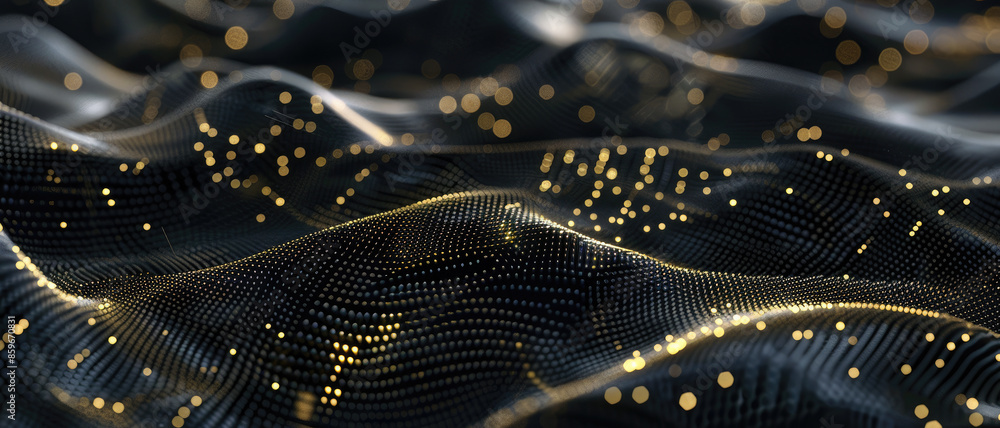 Poster cyber data abstract background, dark digital space with black shiny waves and lights. theme of netwo