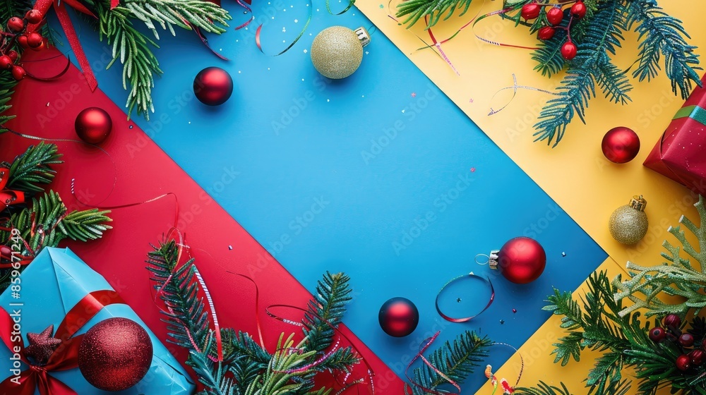 Poster christmas flat lay with paper pine branches and decorations on colorful surface top down view space 