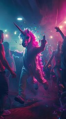 A mysterious figure in a unicorn costume causing chaos at a party. ,Dark Color light ,vectorline design , illustration , Mobile Wallpaper