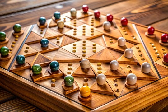 The image shows a wooden halma game board with green, blue, red, and white marbles.