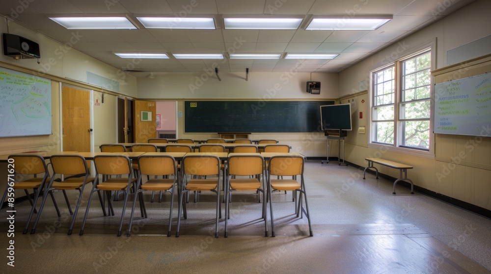 Poster background image of empty classroom with table, chairs and blackboard. educational setting photograp