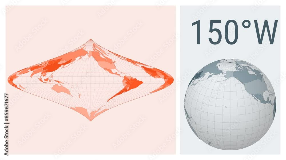 Poster world map animation. foucault stereographic equivalent projection. colored countries style. animated
