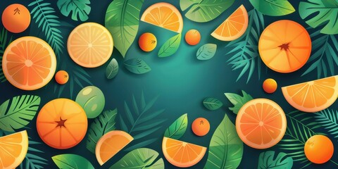 Elegant Abstract Orange Fruit Background With Tropical Leaves