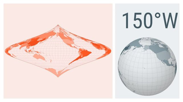 World Map Animation. Foucault stereographic equivalent projection. Colored countries style. Animated world map in Foucault projection. Loopable animation showing longitude shift and matching globe.