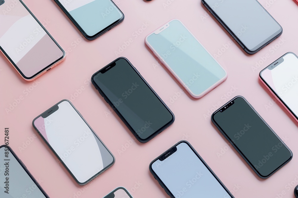 Aufkleber A flat lay image of several modern smartphones arranged in different angles on a pink background. Generative AI