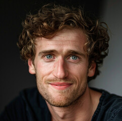  profile picture of a tall German man with curly hair and blue eyes, smiling gently