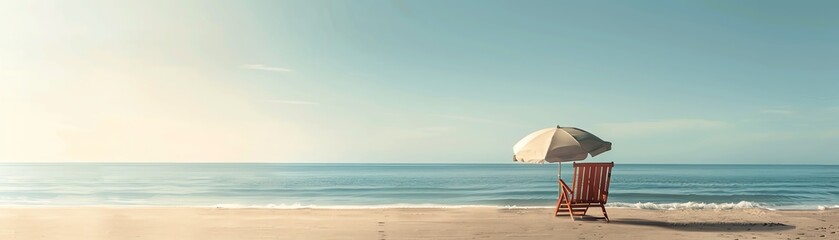 A serene beach scene with a chair and umbrella, perfect for relaxing by the ocean on a sunny day.