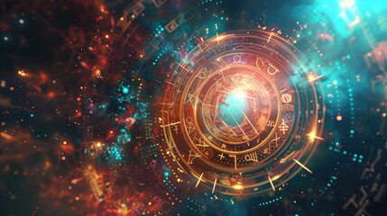 Obraz premium Zodiac signs on astrological wheel in space, abstract background, magical sky with stars in universe. Theme of astrology, mystery, horoscope, secret