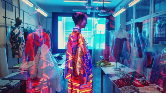 A fashion designer in a bright workshop works alongside an AI hologram displaying virtual fabric patterns and designs. The vibrant, colorful room is filled with mannequins and fabric samples - Powered by Adobe