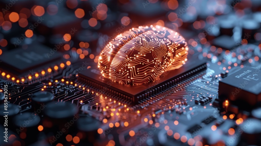 Poster a digitally crafted representation of a futuristic brain-like structure made of integrated circuits,