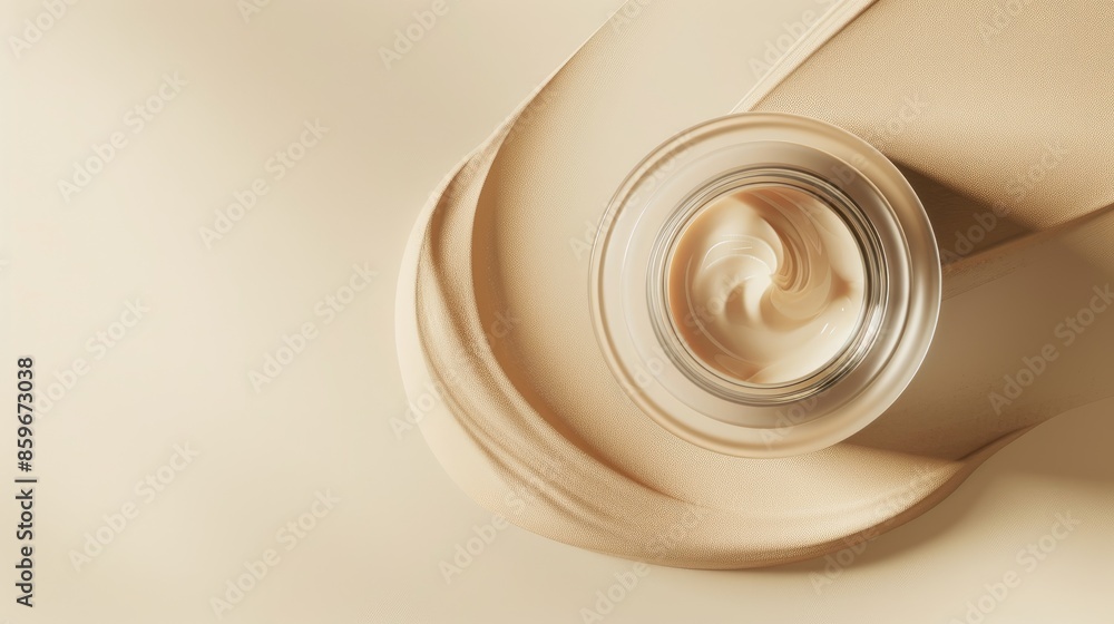 Poster Cream jar on beige background close up presentation of beauty cosmetics Moisturizing skincare product in top view Modern healthcare theme with space for design Flat lay arrangement