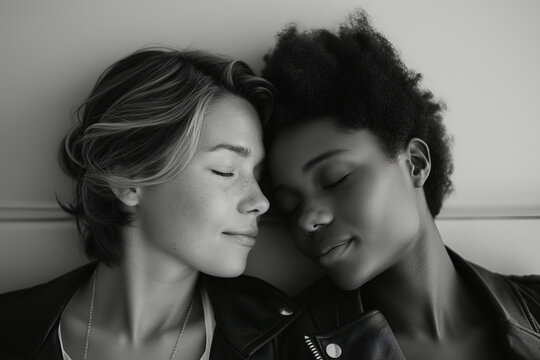 Black and white photo of a diverse lesbian couple with their eyes closed, cuddling close together