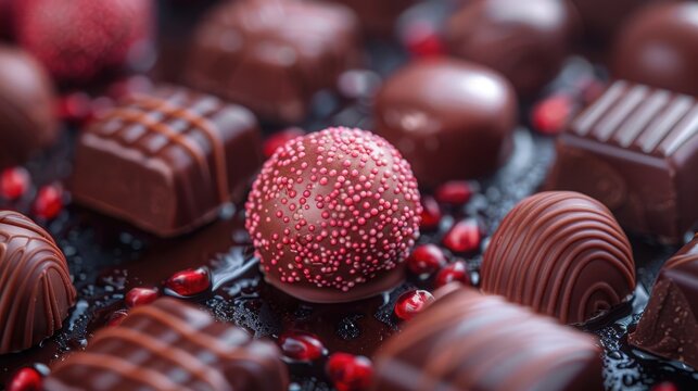 A delectable assortment of gourmet chocolates adorned with pomegranate seeds, presenting a rich, indulgent look and evoking a sense of luxury and culinary artistry.