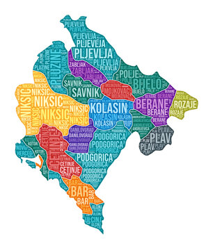Montenegro shape. Country word cloud with region division. Montenegro colored illustration. Region names cloud. Vector illustration.