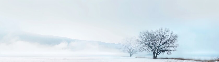 Beautiful winter landscape with a lone tree standing in a snowy field under a pale blue sky, creating a serene and tranquil scene.