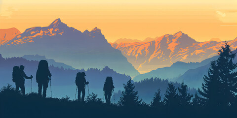 Scenic mountain landscape with hikers.


