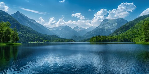 romantic summer landscape with lake and mountains