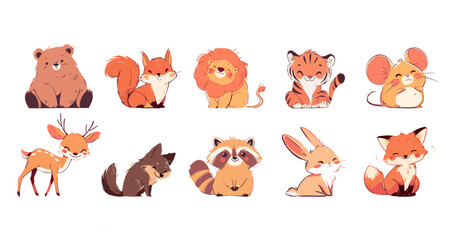 Cute little animals, children cartoon character. Funny simple animal bear, fox, tiger, lion, deer, hare, mouse, squirrel, wolf and raccoon. Vector isolated illustration