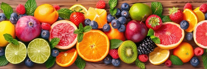 Vibrant Fresh Fruit Collage With Mint and Wooden Background