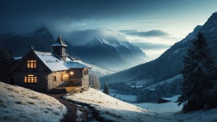 Fototapeta premium Fantastic castle landscape, winter in the mountains