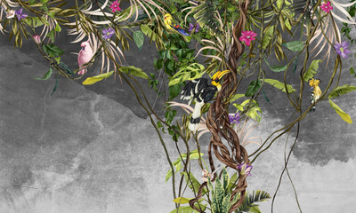 Art drawn vines and leaves on which different birds are sitting, texture background, photo wallpaper for the interior.