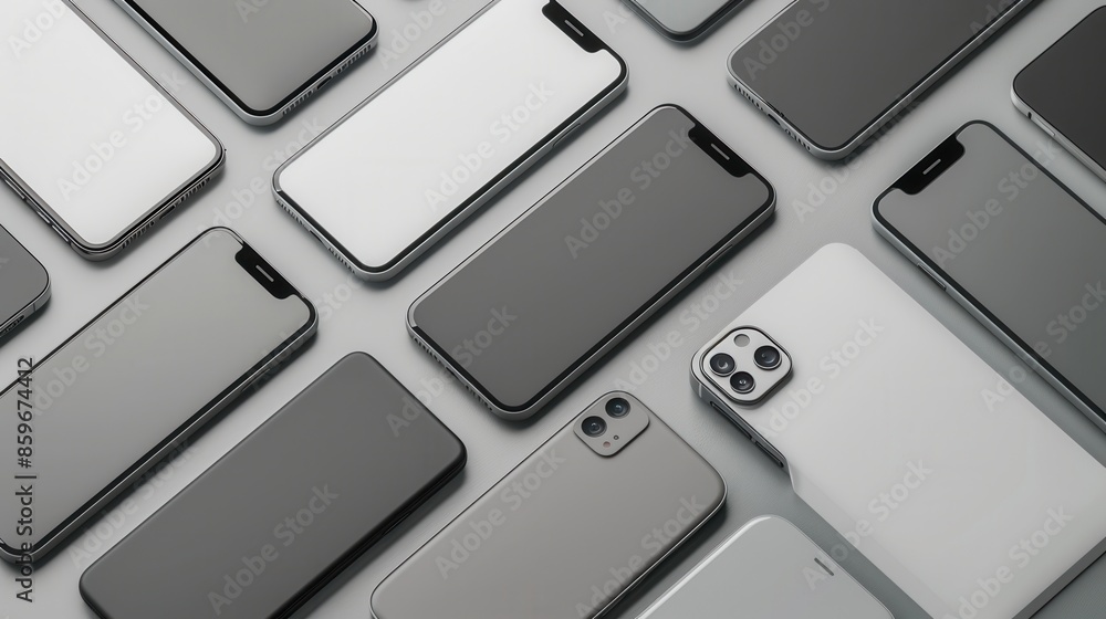 Aufkleber A collection of modern smartphones are arranged in various positions on a gray surface, showcasing their sleek designs and features. Generative AI