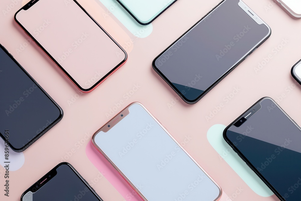 Aufkleber a flat lay showcasing multiple smartphones in various positions on a pink surface. perfect for mobil