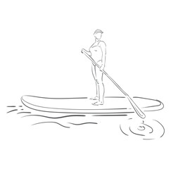 Stand up paddle boarding. Female surfer with paddle. Paddleboarding, SUP fitness on water. Surfrider girl on board. Abstract isolated contour of surfboarder.