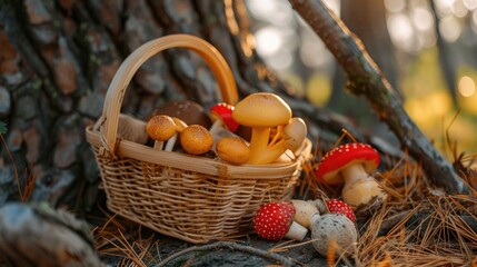 Ecological toys in gold and red hues in a wooden basket next to a tree