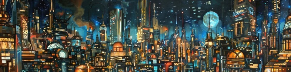 Obraz premium A panoramic view of a futuristic metropolis with towering skyscrapers and bustling city lights. The intricate architectural details and vibrant lighting create a stunning vision of urban development.