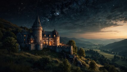 Obraz premium View of the magical hills at night from the castle