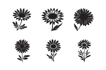 Daisy flowers set. Flat black icons. Simple flower silhouette icon.