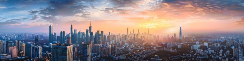 Fototapeta premium A panoramic view of a futuristic metropolis with towering skyscrapers and bustling city lights. The intricate architectural details and vibrant lighting create a stunning vision of urban development. 
