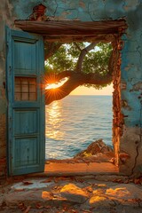 mediterranean landscape with old tree, rustic seaside house with old wooden door and ocean view