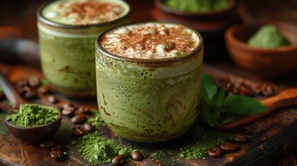 Two frothy matcha lattes served in glass cups, topped with a sprinkle of cinnamon, placed on a wooden surface with matcha powder and coffee beans scattered around.