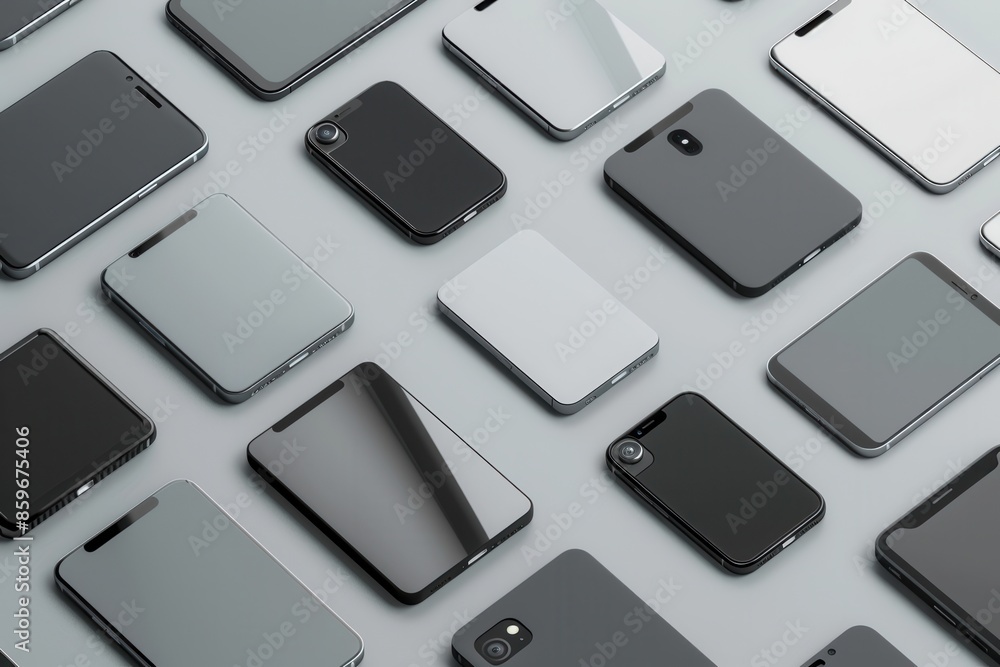 Aufkleber Flat lay image of modern smartphones in geometric pattern on grey surface. Angled to showcase mobile technology and accessories. Generative AI